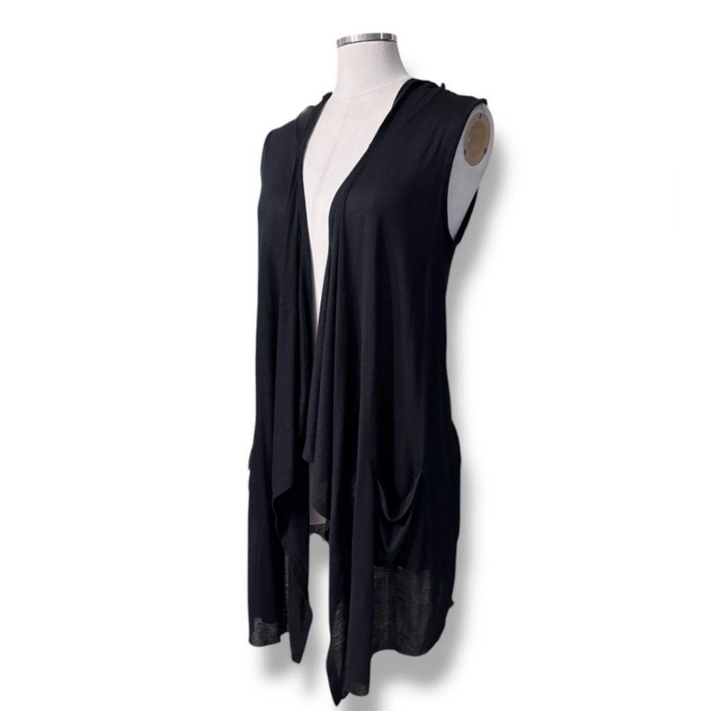SOFT JOIE Black Sleeveless Draped Waterfall Cardigan with Pockets and Hood